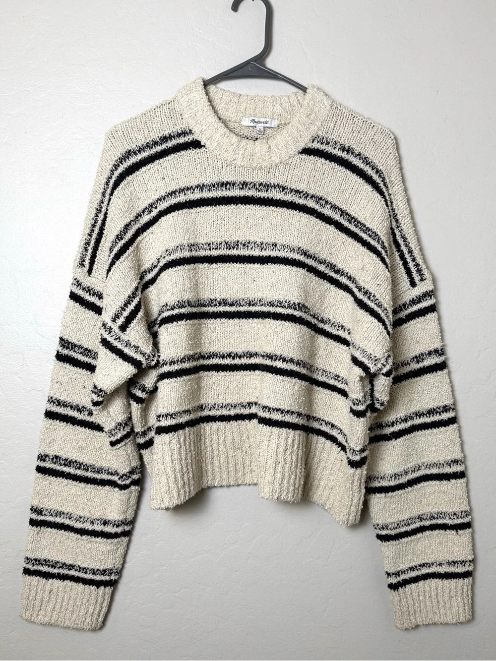 Madewell Cream Black Textured Crop Crewneck Sweater L Boxy